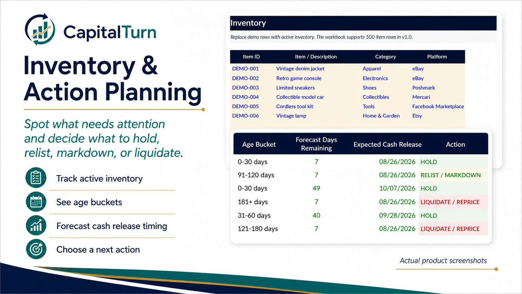 CapitalTurn Inventory & action planning product graphic with workbook previews