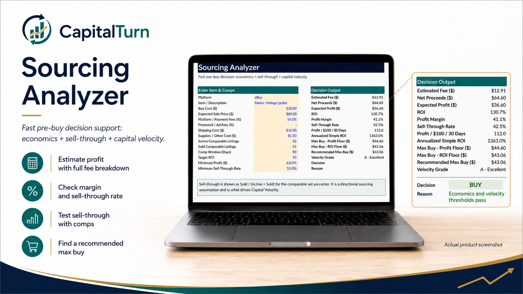 CapitalTurn Sourcing analyzer product graphic with workbook previews